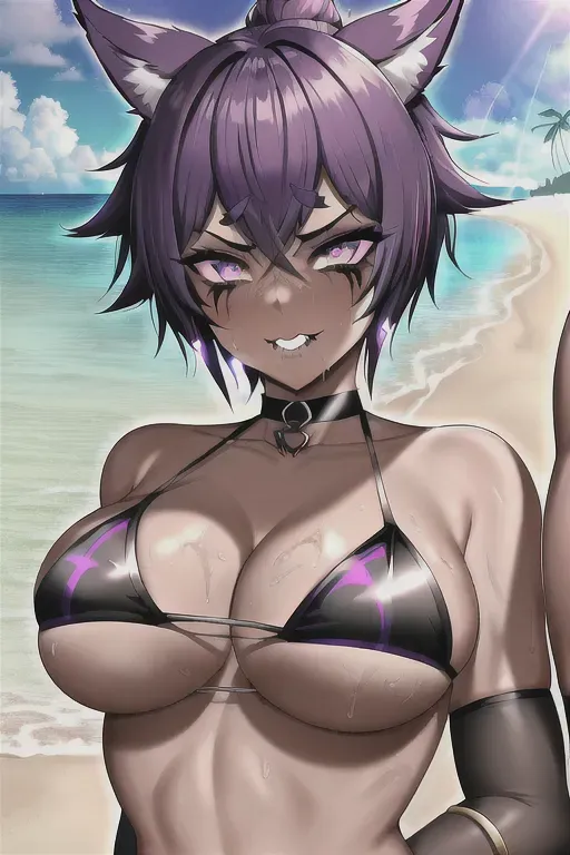 bikini, Emo, cat girl, short hair, purple eyes, tattoos, black lipstick, dpmg_runny_makeup_v1, medium breasts, 1girl, 1boy, 8k wallpaper, best quality, nsfw, ultra hd, global lighting, sweatin, high quality, hentai, at the beach