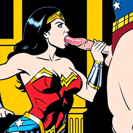 a graphic illustration of Wonder Woman on her knees ((((sucking the cock)))) of an ancient warrior