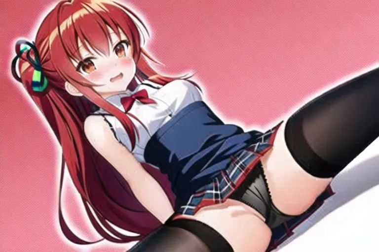 anime girl, legs spread, panties facing camera, red hair, looking up, foaming at the mouth, blushing, arms at side