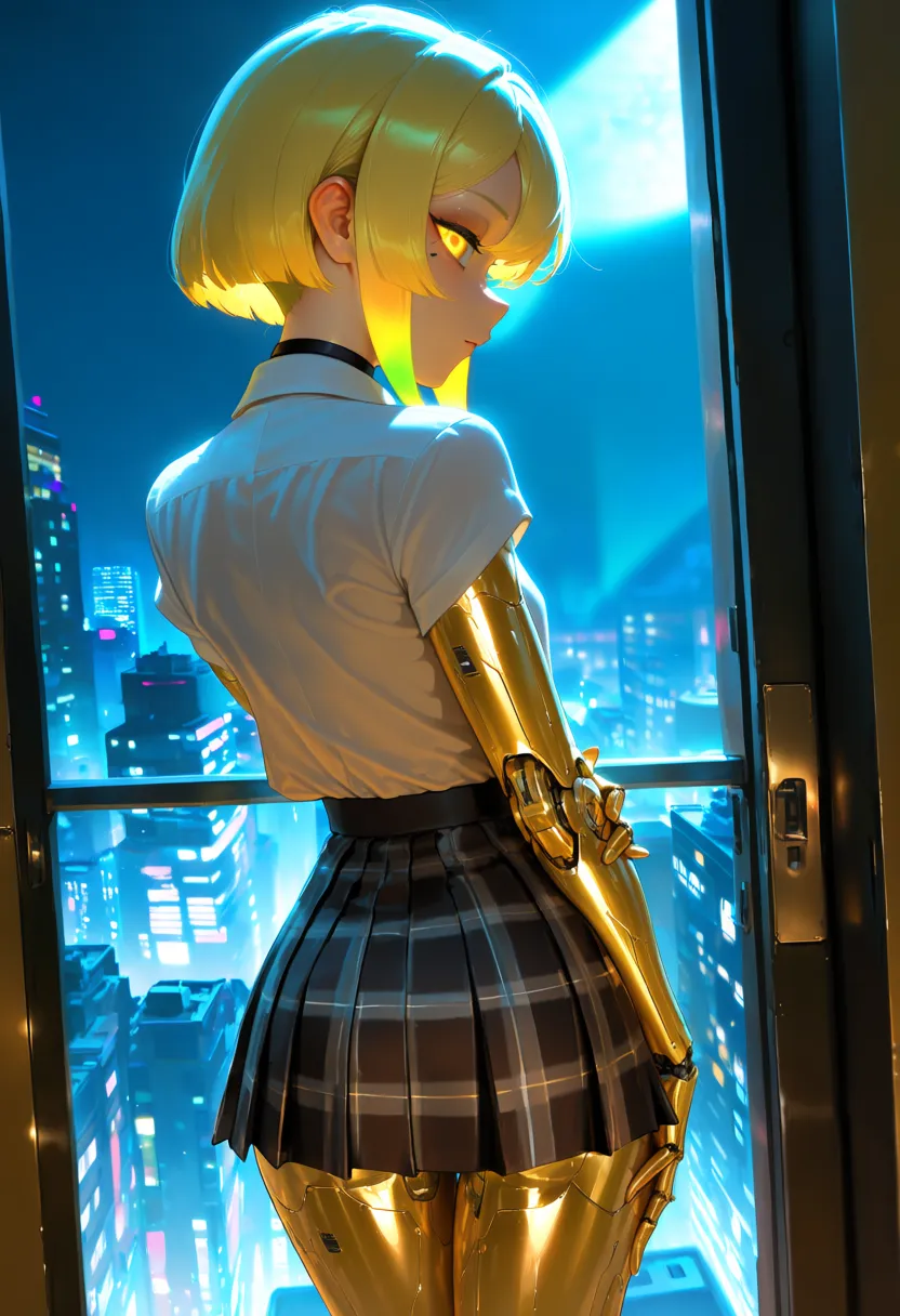 @ ntrmixstyle,
A sex bot, she has short blonde hair and gold inflected mechanical arms and legs, her eyes glow yellow, her skin is slightly plastic, she has small breasts, she wears a plaited plaid skirt, she wears a white collared shirt, a black cravat,
In an opulent cyberpunk penthouse apartment, she strikes a sexy-innocent pose, view from behind her,
masterpiece, best quality