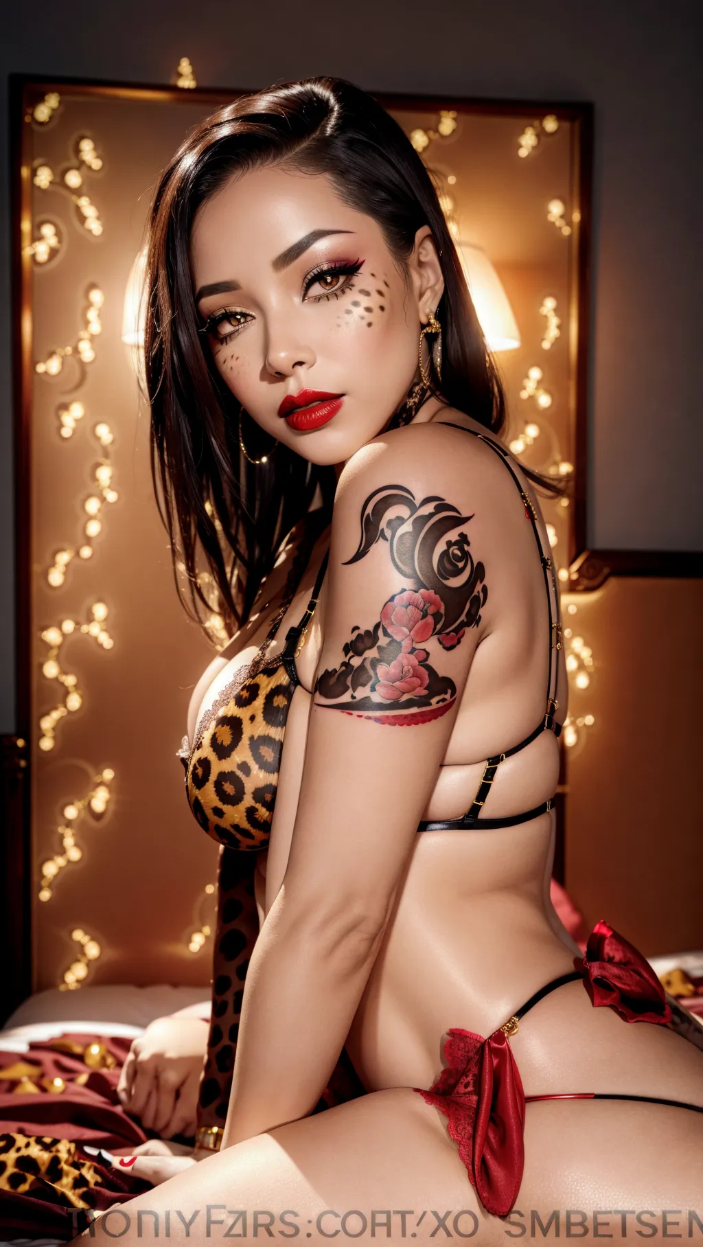 8k, high resolution, professional photograph of a prostitute wearing cheetah print lace bra and thong, side view, on her knees on a bed, tattooed, red lipstick, looking at viewer directly,