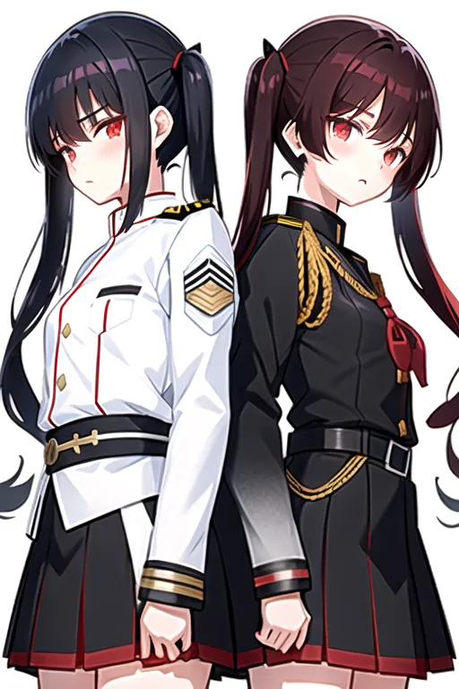 light novel cover, white background, two people, a teenage boy with short black hair and a black military uniform, a teenage girl with dark red hair and twintails in a Japanese schoolgirl uniform, tsundere