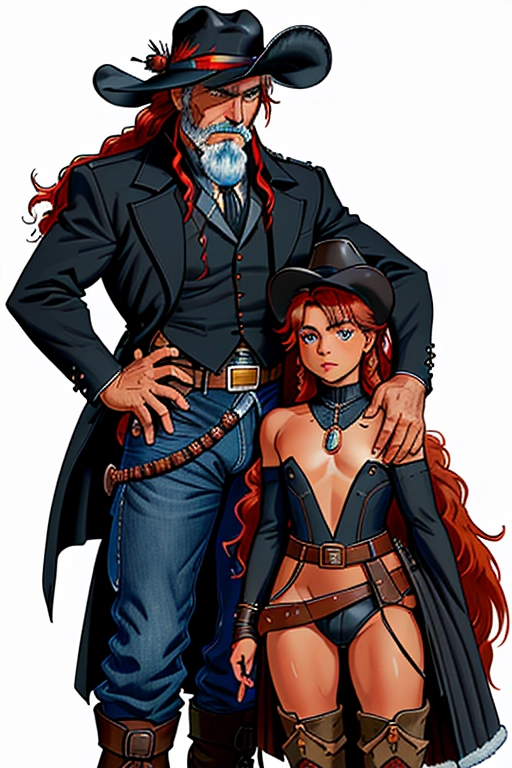 Two people, Old wild west, we see two people, A badass cowboy rescuing a native American, he is riding his badass horse, rescuing a cute damsel in distress, he is a US Marshall, former confederate army officer from Georgia C.S.A , black cowboy hat with white band and a feather, red hair, red beard, sharp blue eyes, gritting teeth, strong chin, a scar across his face, strong build, black cowboy outfit, long brown trench coat, black boot cut pants, two six shooter revolver pistols, one pistol is drawn, the other pistol is in the holster, two gun holsters, large belt buckle, gun belt with bullets line in, black cowboy boots with spurs, riding in the saddle of his black horse, large mean black stallion, jeweled stirrups, in a cold winter forest, fending of a pack of wolves, saving a damsel in distress, reaching out for the damsel in distress, the damsel in distress is a Beautiful native american woman, red skin, beautiful long dark hair, floral decorations in hair, thick eyebrows, cute happy eyes, concave nose, soft gaunt cheeks, full lush lips, narrow round chin, slim build, small breasts, thin waist, curvy ass, curvy hips, curvy thighs, cute feet, wearing animal fur tribal pelts, tribal, aroused, aroused clit, throbbing pussy, brown anus, knocked down, reaching for the bowboy, in the snow, ((high definition)), ((4k quality)), ((excellent lighting)), ((great shading)), ((pristine detail)), ((really clear picture)), ((beautiful vibrant colors)), ((accurate at lower prompt guidence)), ((ultra realistic)), (((five fingers per hand))), (((two arms per person))), (((two legs per person))),