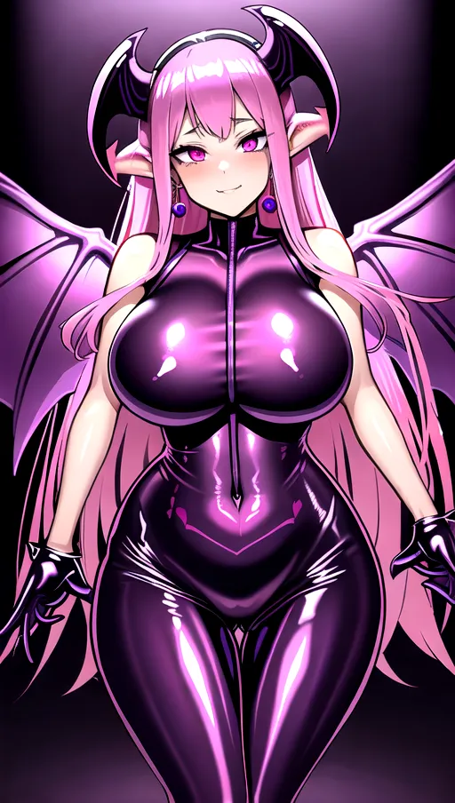 best quality, ultra high res, detailed face and eyes, perfect face, big shining heart choker, earrings, jewelry, very long voluminous hair, (pink glowing hair:1.2), lipstick, purple long sleeves, purple glowing heart, demon mark, straight hair, (huge boobs:1.3), black demon horns, very very long hair, perfect face and eyes, straight hair, sexy succubus girl, pink glowing eyes, (demon wings:1.4), big glowing cameltoe, (purple corrupted latex suit:1.5), dark background, (pink glowing demon diadem:1.4), (dark spiked crown:1.2), (thick succubus tail:1.3), demon tail, (pink glowing heart pasties:1.2), standing straight, shiny leather, purple leather skin, purple skin