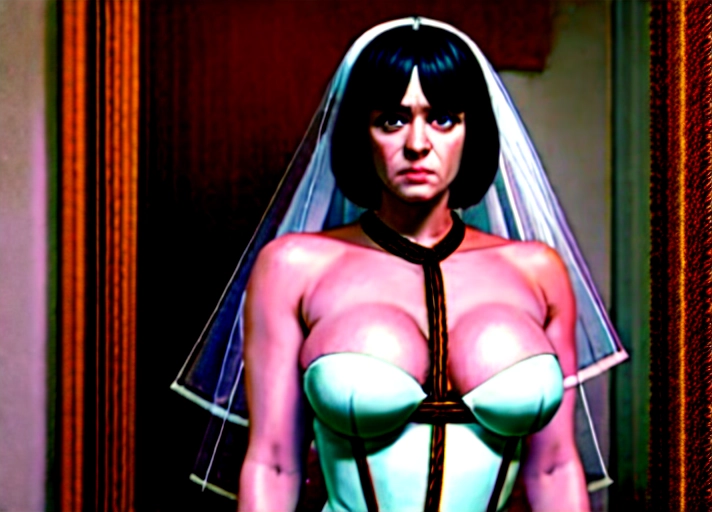 (((((Christina Hendricks))))) wearing a bridal corset and veil, her tits are fully out, she is on her knees and has a collar and chain leash around her neck, she is sad and crying, she has been enslaved and just had a farce wedding any is now being sexually abused and humiliated, she has cum all over her, (((bukkake))), ((humiliation)), ((sexual abuse)), ((((sexual bondage)))), (high quality), (photo realistic)