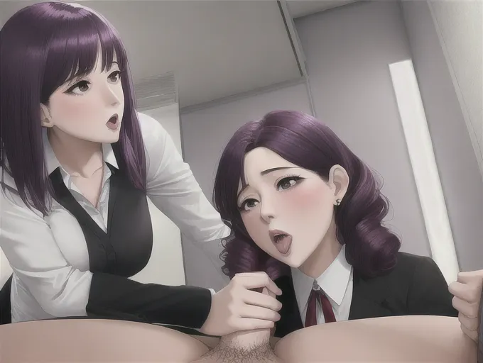 2 people, woman, pruple hair, skinny, secretary, woman, kneeling, blowjob, fat man, office, ugly, man, sex, from below angle, penis, balls,