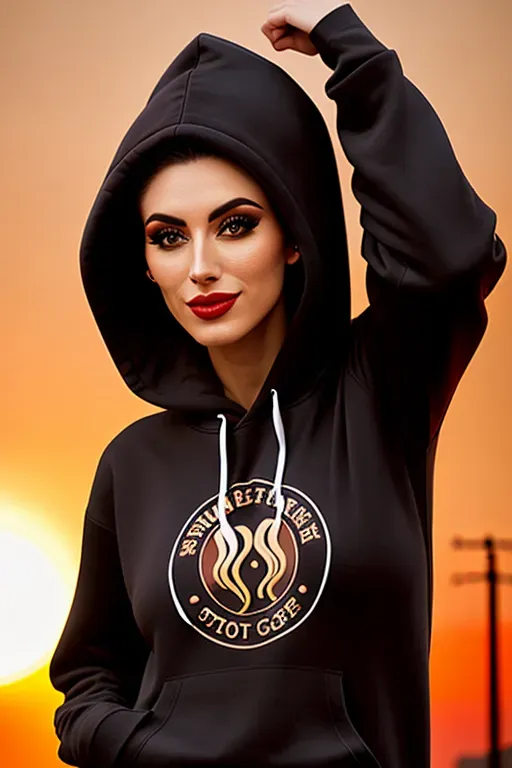 photograph, 20 year old, an e-girl, fit, hoodie, red, coffee place, sunset, studio light, happy, 8k, professional