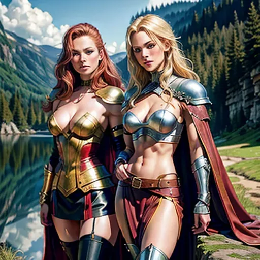 highly realistic photo, two women, blonde Olivia Wilde and redhaired Dina Meyer, wearing leather and metal armour, long cape, skirt reaching knees, high leather boots, medium breasts, cleavage, midrif, toned and slim body, abs, slender arms and legs, small ass, narrow waist, ultra detailed beautiful face, erotic smile,
High fantasy setting (Dungeons and Dragons), castle on a cliff in a forest by a lake,
<lora:dpmg_add_detail:0.4>, vivid colors, cinematic composition, artificial light, UHD, HDR, highest quality, highest resolution, (photorealist), (photorealism), (masterpiece:0.4)