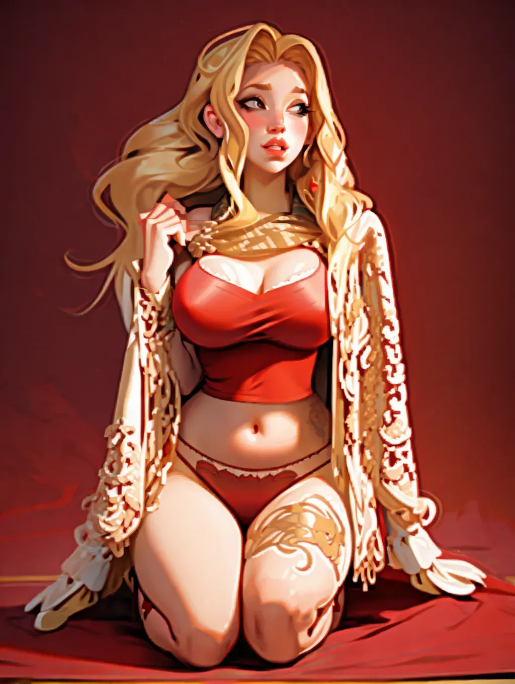 Photo studio, blonde hair girl on her knees, big lips, red bra and panties, stomach exposed, shawl,