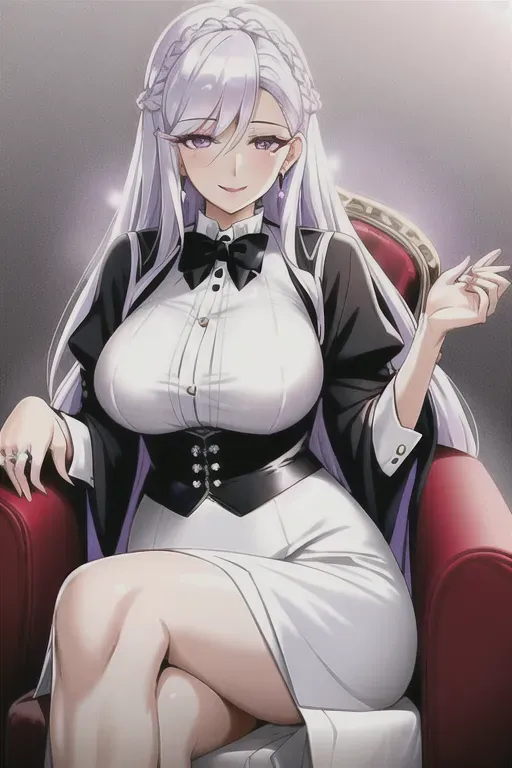 mature woman, gorgeous woman, detail eyes, violet eyes, long white hair, medium breast, beautiful face, graceful, motherly side plait, beautiful eyes, small diamond ring on left ring finger, smiling, white shirt, long black skirt, black bowtie, sitting on luxury chair, great lighting, beautiful background, 4k, mole on face, detail mole