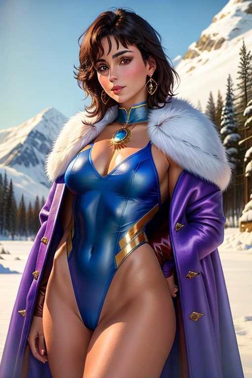 Colour painting of a young Nadia Comaneci, ((short dark hair)), detailed and jewelled blue ((leotard)),((bare thighs)), fur cloak over her shoulders, smooth skin, sexy butt, fine beautiful body, ((winter landscape)),(detailed skin features),(detailed face features), beautiful face, (detailed body features), beautiful eyes,