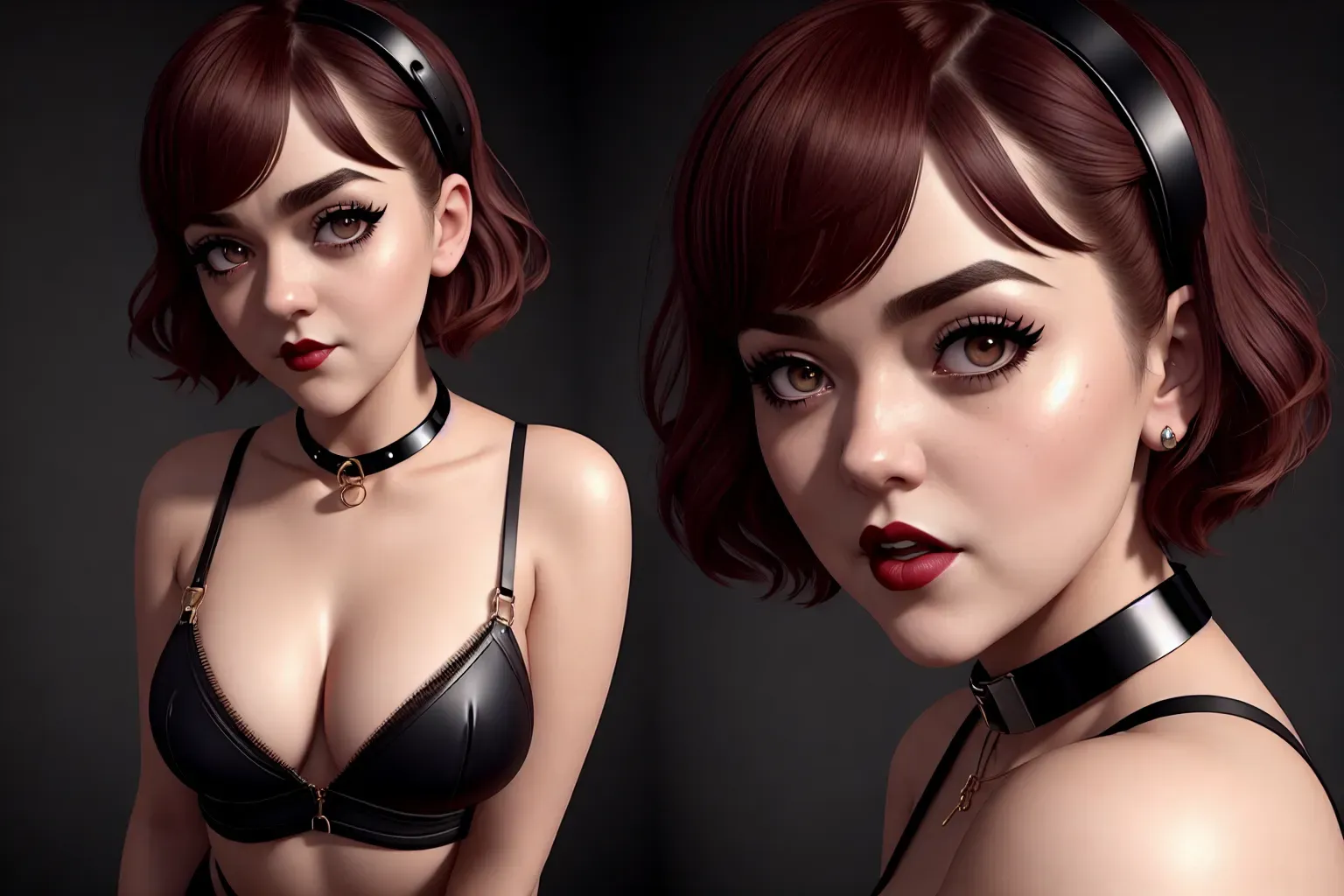 a concept art wide shot of (pinup photoshoot), (maisie williams)( completely accurate face), (flirtatious mischievous aroused malicious ahegao expression), full body, in a back alley at night, (dumb slutty Goth Girl whore)(suspenders)(eyeglasses)(wearing dog collar with bell)(pale skin),(Very short straight blunt Dutch bobcut bangs hairstyle)(skinny athletic physique), (very tiny perky breasts), five slender fingers,beautiful face,beautiful lips,detailed large eyes,curved eyebrows,cgsociety,natural lighting,studio lighting,professional,editorial, (oily skin glistening)(bokeh)
