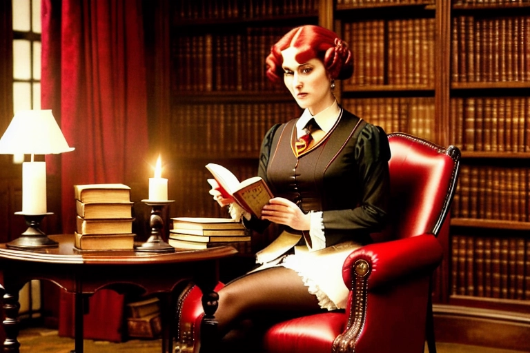 Hermoine granger in her Gryffindor uniform with a short skirt and white stockings sitting in a library at night, candle lit area, sitting in a red leather Victorian chair, side table with lots of books on it, magical oddities around the room