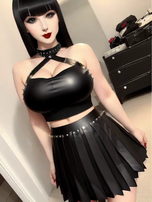 Full length image, wide angle, Gorgeous European woman, sexy petite woman, very pale skin, cute nose, (wide doe eyes) (bright green eyes) full red lips, long straight jet black hair with bangs, flat stomach, tiny waist, enormous breasts ((huge boobs)) (((sexy cleavage))) epic cleavage, tight ass, (((short black pleated mini skirt))) ((sexy leather halter top)) long sexy legs, tall high heels, (studded dog collar) dark red lipstick, sexy eye makeup