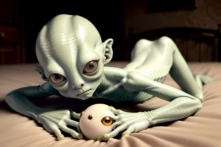 naked 18-year-old very slender young beautiful tiny gentle tree-frog alien Aria Haze in a dark ambient antique bedroom. Guillermo Del Toro film Pans Labyrinth style. she has smooth fair alabaster ivory skin, a huge bulbous bald alien head and a tiny body. she has beautiful huge black obsidian eyes. she is fingering her anus for me. rear view. realistic.