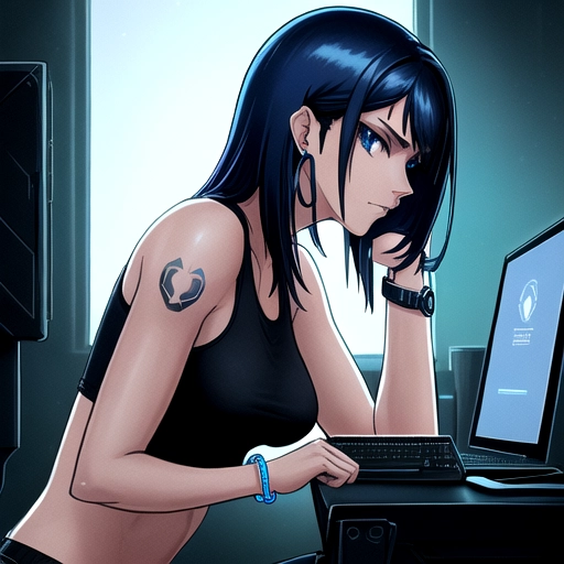 POV shot, side profile, of a highly detailed beautiful, thin latin Cyber punk female in the style of Masamune Shirow with blue black hair, her hair is long on top and short on the back of her head and is hanging down on the backside of her face, head tilted forward sitting and facing a computer monitor in a dark room with ambient lighting leaning forward on her arms, looking focused, at a desk with a tank top on showing cleavage and tattoo sleeves on her arms and a small line tattoo on her cheek. Dark background with a cyberpunk city skyline at night in the window and a blueprint on the wall, she has a bracelet on her wrist and is wearing earrings on her ears
