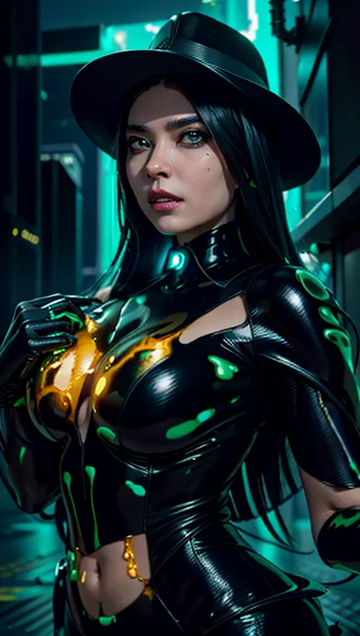 best quality, (((ultra high res))), (detailed face and eyes), female symbiote transformation, (((symbiote goo everywhere))), (black goo), night city cyberpunk, symbiote girl, glowing, snake coiling