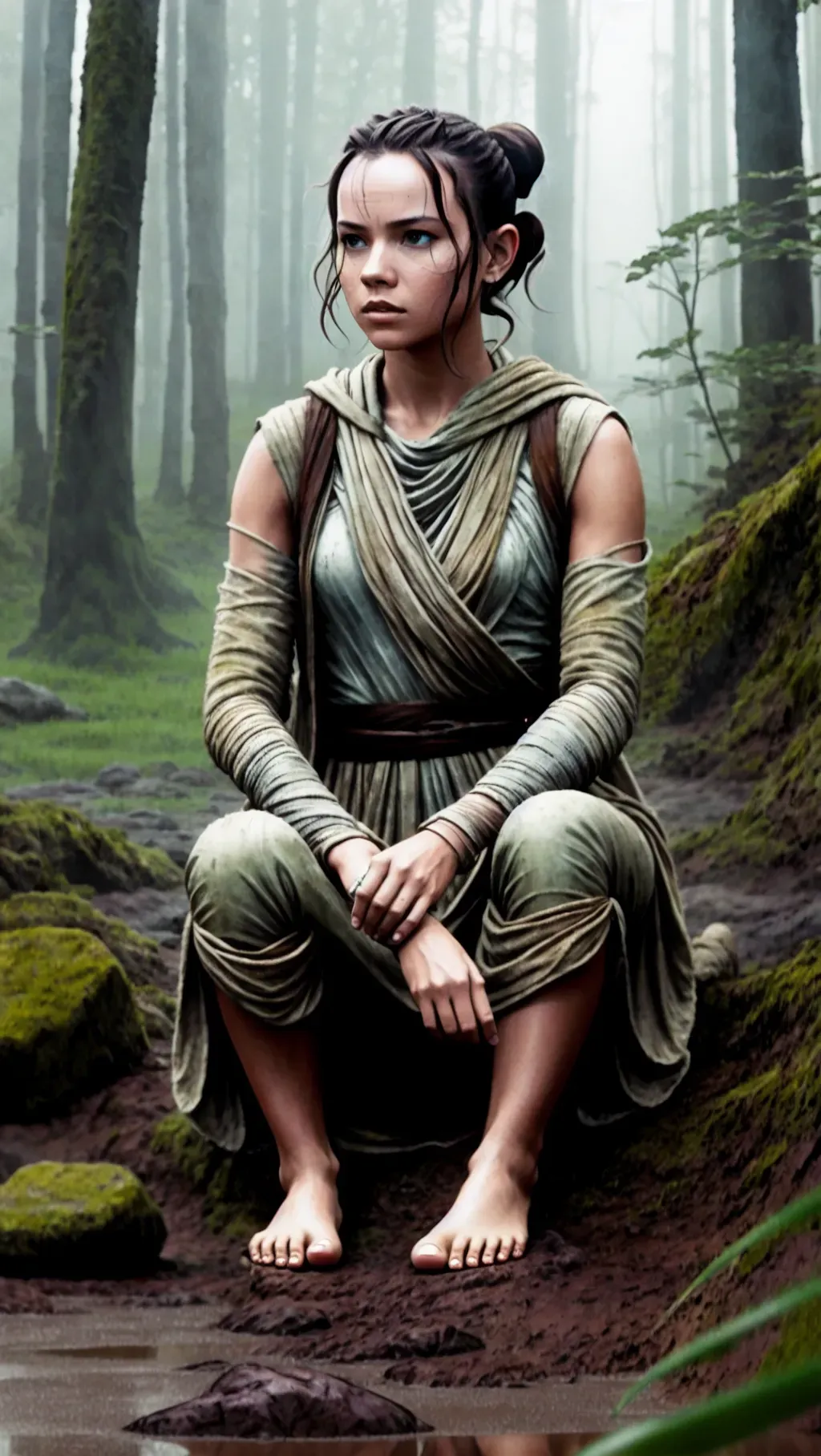 Dopamine Girl - barefoot Rey Skywalker wearing her normal attire while  meditating in the deep foggy Dagobah bog with dirt-covered feet, barefoot,  barefoot, barefoot, star wars, O4xa37ZDzXA