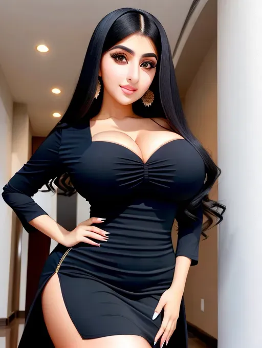 Gorgeous young Arab woman, photo cute attractive young face, large wide doe eyes, light colored eyes, big bimbo lips, huge gigantic boobs, (gigantic breasts), raven-black hair, sexy, thin, slim waist, tight navy dress, photorealistic, best quality, ultra high resolution