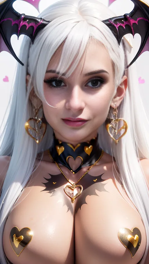best quality, (((ultra high res))), (detailed face and eyes), hearts, perfect face, big choker, golden earrings, jewelry, glowing heart, golden heart necklace, ((((big heart pasties)))), ((white hair)), covered by gold, golden skin, chained, ((((succubus)))), face closeup, claws