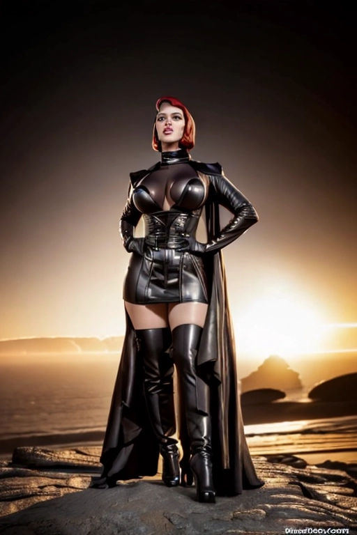 (((highly detailed color photo of Scarlett_Johansson))) (((dressed like Dominatrix Nyah from film Devil_Girl_from_Mars))) black cape, black cowl covers hair, hair covered with black skull cap shaped like widows peak, black leather boots, ((((background is rocky Mars Landscape)))), perfect natural breasts (((perfectly shaped hard erect nipples))) accurate skin detail ((perfectly nipple placement)) (((detailed hair features))) (((detailed facial features))) (((detailed hand features))) (((detailed body features))) sweaty gorgeous face only two breasts only two nipples only two legs