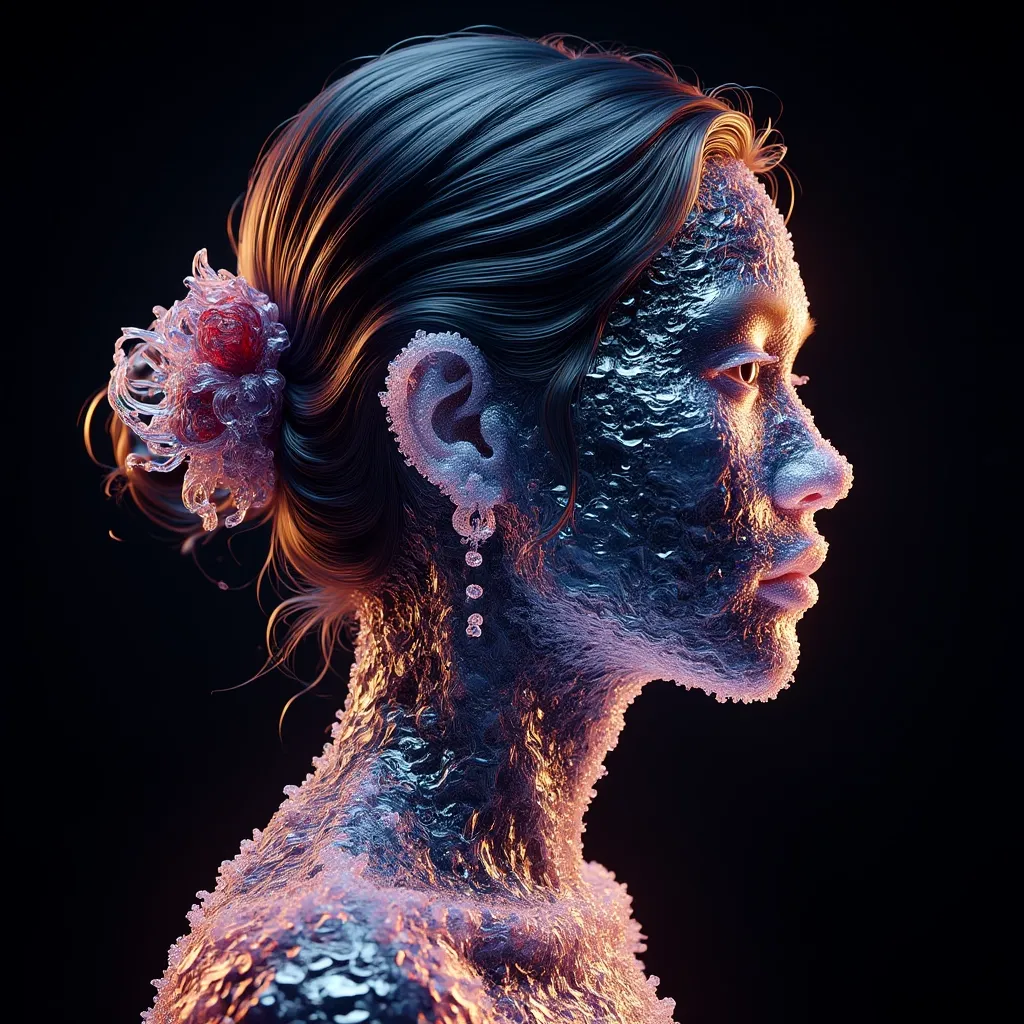 Raw digital photo, profile of a Fatigued Thao, wearing ral-watce, FOV 90 degrees, textile art by Brandon Mably, Do Ho Suh, Side lighting, film grain, Canon RF, F/2.8, behance HD, photorealism, bold colors, best, fertile, stunning, deep aesthetic, highly detail, complimentary colors