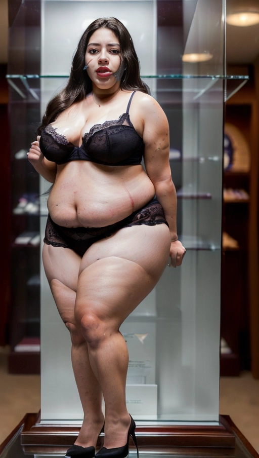A photo with 8k resolution, (((detailed facial features))), ((real body)), ((8k resolution photo)), ((see full body)), black hair, big natural breasts, ((real skin)), ((((overweight)))), generous curves, Latina, thick legs, (high shoes), ((woman turned into a mannequin with the womans corpse, frozen in time, completely rigid with a blank stare)), (((displayed in a display case))), white lighting, ((((serious facial expression, open eyes, mouth slightly open)))), (((full body view, full body photograph)))) , ((((dressed college girl)))), standing, stand