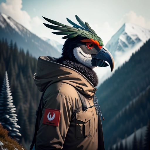 Profile picture, giant bird, in a forest, in the mountains, dressed, with a mask