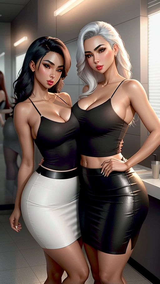 2 women,look in mirror,lithe,pencil skirt,camisole,natural breasts,five fingers per hand,beautiful faces,beautiful lips,curved eyebrows,curved eyelids,textured skin,satisfaction,unreal engine,bokeh,sharp focus,public bathroom