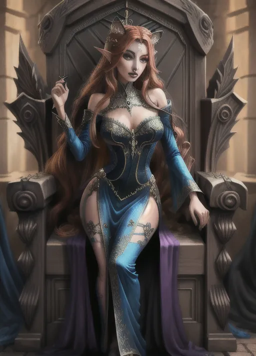 (((Full body veiw))), fey sorcerer queenn ruling from a throne in the winter court, pretty face, long smooth hair, multicolored hair, C cup breasts, (perky breats), feminine facial features, eye shadow, mascara,
(Eyelash extensions), winged eyeliner, black lipstick, wide hips, narrow waist, ((hourglass figure)), beautiful face, pretty eyes, (feline pupil), pointed ears, long elf ears, big breasts, plump lips, high quality image,<lora:dpmg_crazy_expression:1>, detailed face