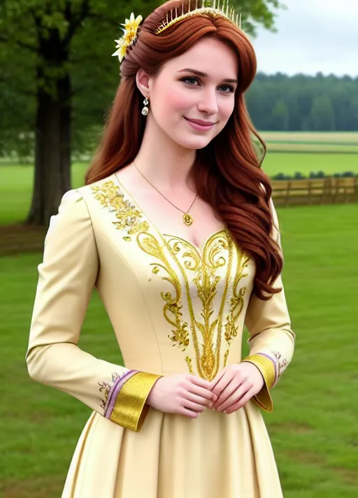Exploring the wonders of the Harvest Festival, Adult beautiful joyful sweet Anna of Arendelle portrayed by Elizabeth Lail with a warm smile, very big soft sapphire eyes, her auburn hair in a low hanging bun in back and single braid on the front top with golden wheat stalk combs slid into the sides, dressed in a cream colored dress with gold and purple embroidery and a light tan jacket. Photorealistic.
