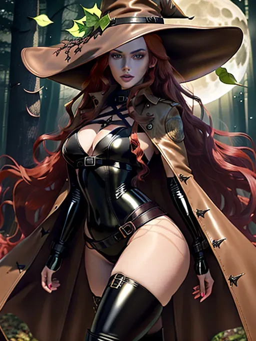 6 foot 7 Woman, pale skin, violet eyes, big tits, (((long flowing red hair down to her butt))), (((A Skin Tight Matte Black Latex Body Suit with Green Ivy and leaf embellishments))), Brown Thigh High Boots with Black Laces, ((((A Brown Trench Coat with a Dark Brown, Glowing Liner that reaches down to the ankles)))), A Brown Witch Hat with a Dark Brown Leather Belt and Gold Buckle on it with a glowing Brown liner, forest at night, full moon,
