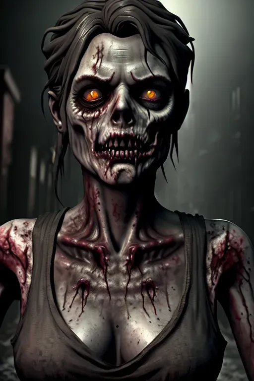 Walking Dead Style a 3d render of a zombie portrait wearing ragged clothes closeup dark city scene detailed skin angular features highly detailed eyes and face, intricate details and sharp cel shading octane masterpiece 8K global illumination bokeh hdr walking dead style 3d high quality details body and face and hair perfect body and face and hair 8k HD
