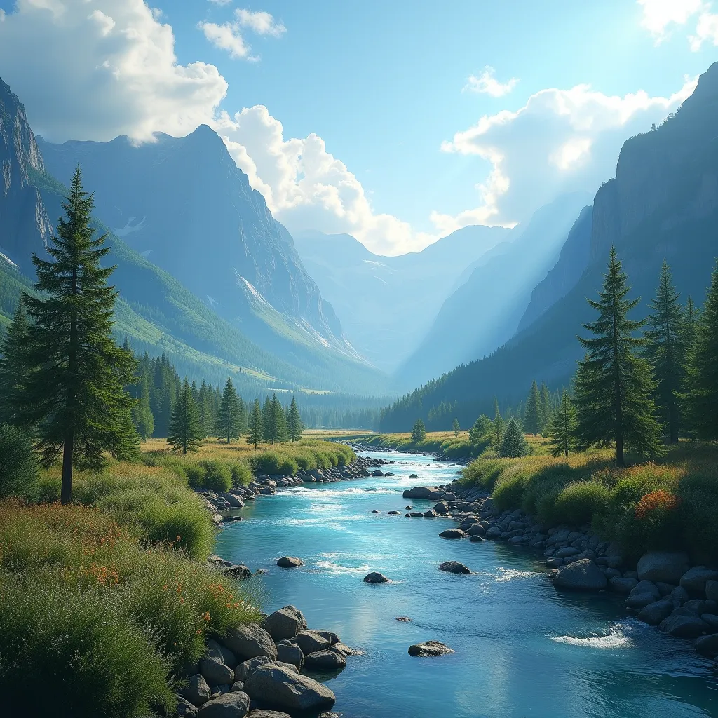 A beautiful landscape with a river and mountains