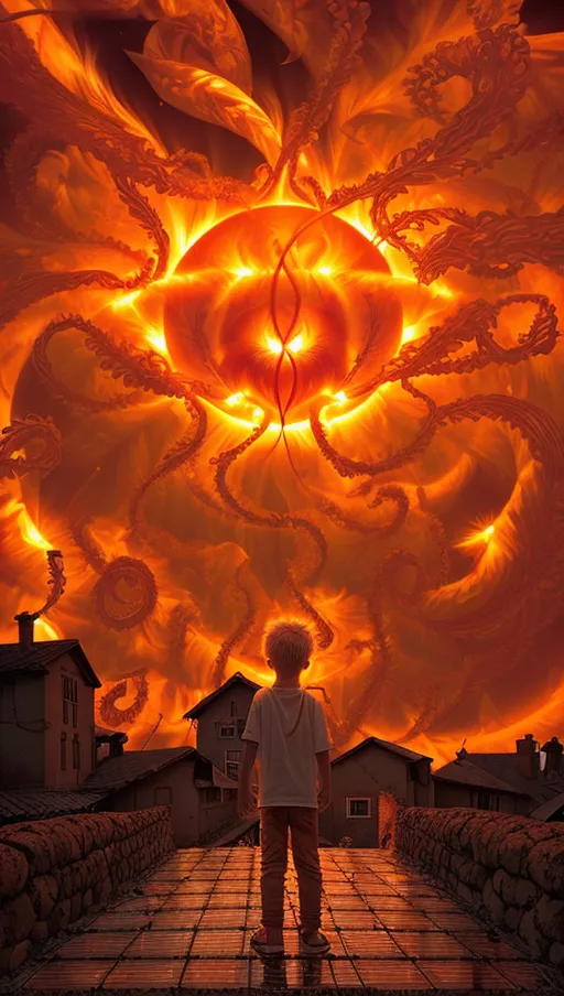 ((the sky is on fire from the sun erupting with solar flares shaped like tendrils)),
(The village beneath is on fire),
(A boy wearing white stares up at the eye in the sky),