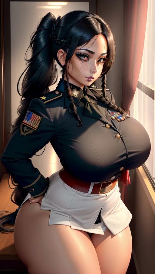 a high resolution photo of a gorgeous woman, looking at the viewer. high quality, best quality, high resolution, office, office environment, perfectly detailed eyes, long hair, hispanic, mexican, black hair, dark hair, braided hair, pigtails, freckles, (thick thighs), narrow waist, slender waist, ((goth girl)), ((dark makeup)), ((black eyeliner)), ((military officer)), ((military dress uniform)), ((massive breasts)), ((gigantic breasts)), ((enormous breasts)), ((thick thighs)), ((muscular)), (symmetrical eyes), (highly detailed eyes), (perfect eyes), brown eyes, (((huge breasts))), ((breasts bigger than head)), 4k resolution, highest resolution, max resolution, maximum resolution, serious expression, smile, ((very muscular)), ((perfect eyes))