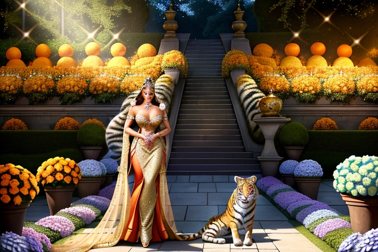 in the foreground A beautiful smiling princess with a generous figure. wearing an alluring and revealing royal outfit adorned with jewels that shimmers with gold. she stands beside a majestic orange and white stripped tiger. In the background a large garden wall decorated with rows of colorful hydrangeas. The scene is lit with bright dreamy lights from the early afternoon sun.