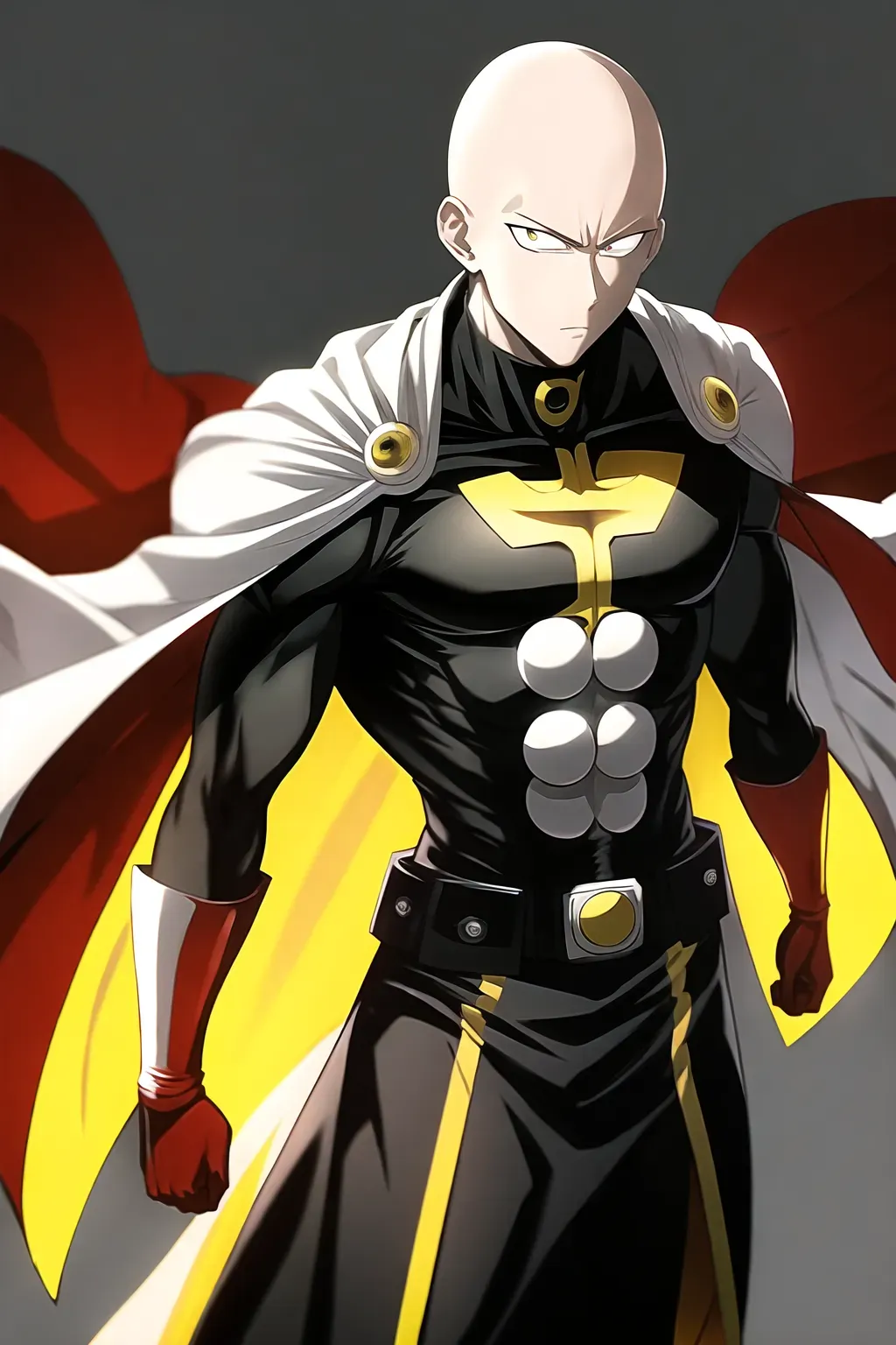 Dopamine Girl - One punch man, anime, bald head, 8k wallpaper, black eyes,  best quality, ultra hd, global lighting, hi-resolution, high quality,  yellow costume, white cape, red gloves, red boots, punching towards