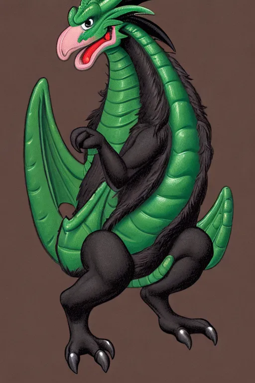 A male anthropomorphic dragon, medium snout, two bright green cocks, mostly green with vertical black stripe down the middle of body