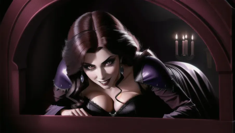 in a dark and very foggy castle crypt. laying in a coffin, pretending to be a vampire with prominent fangs and a sweet alluring smile, the beautiful auburn haired Anna of Arendelle.
lurking in the shadows, enchanted by her beauty, stands the distinguished Lord of the Vampires, Dracula.
photorealistic. High resolution