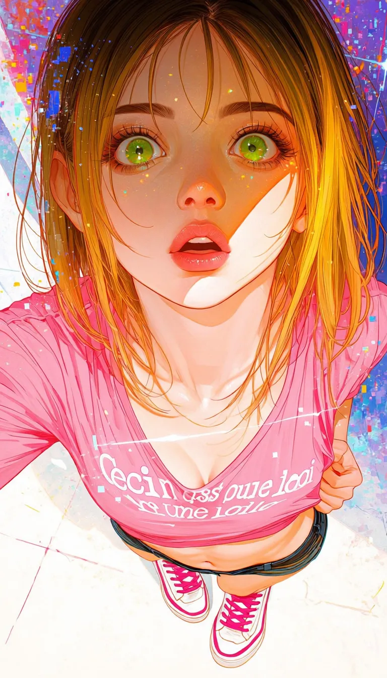 @xy11x, surreal,
masterpiece, best quality, high quality,
watercolor \(medium\), high contrast, expert shading, precise brushstrokes,
1girl, solo, dark-blonde hair, green eyes, nose, eyebrows, long lashes, shade, cheeks, lips, realistic facial features, pink cropped shirt, small shorts, white sneakers with pink laces,
sexy pose, short thin frame, slender body,
shirt pull, navel,
text on shirt in French spelling exactly:
"Ceci n'est pas une loli",
weird ever chaniging background, glitch, outer world, lighstreaks and natural elements,
super detailed, realistic, skin texture, pores, realistic strands of hair, anatomy, body relief, tiny wrinkles, creases,