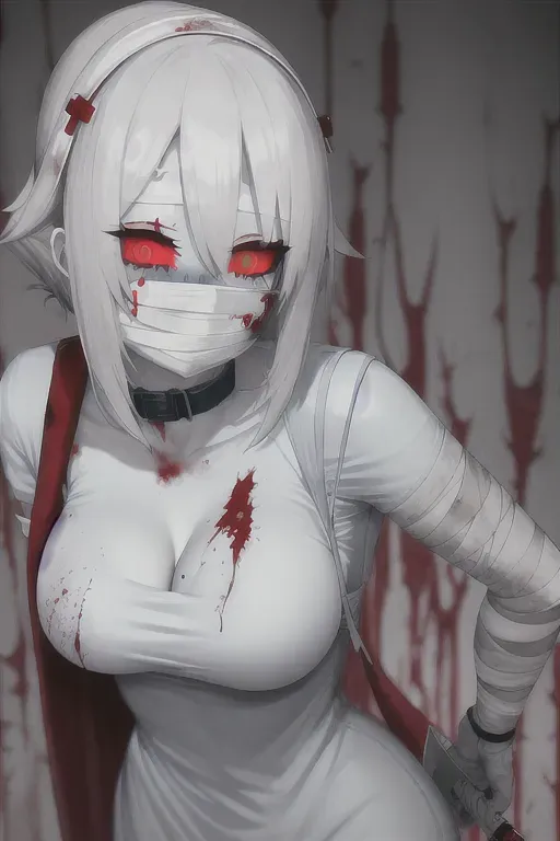 Sexy silent hill nurse, monster, large knife in hand, bandaged face, loli, no face, scars and stitches on body, pale blue skin, dirty white clothes, blood stained,