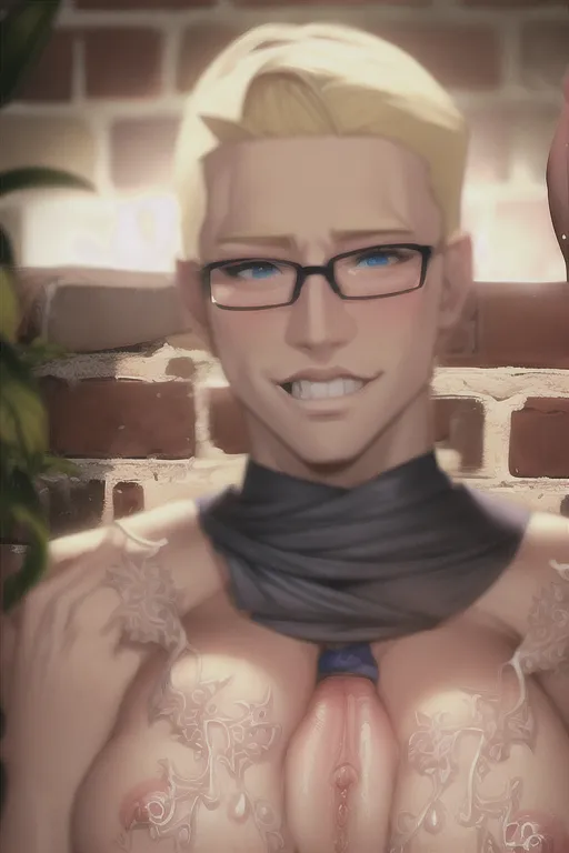 nsfw, blonde hair, glasses, brick wall behind, dick between breasts, blue eyes, blushing