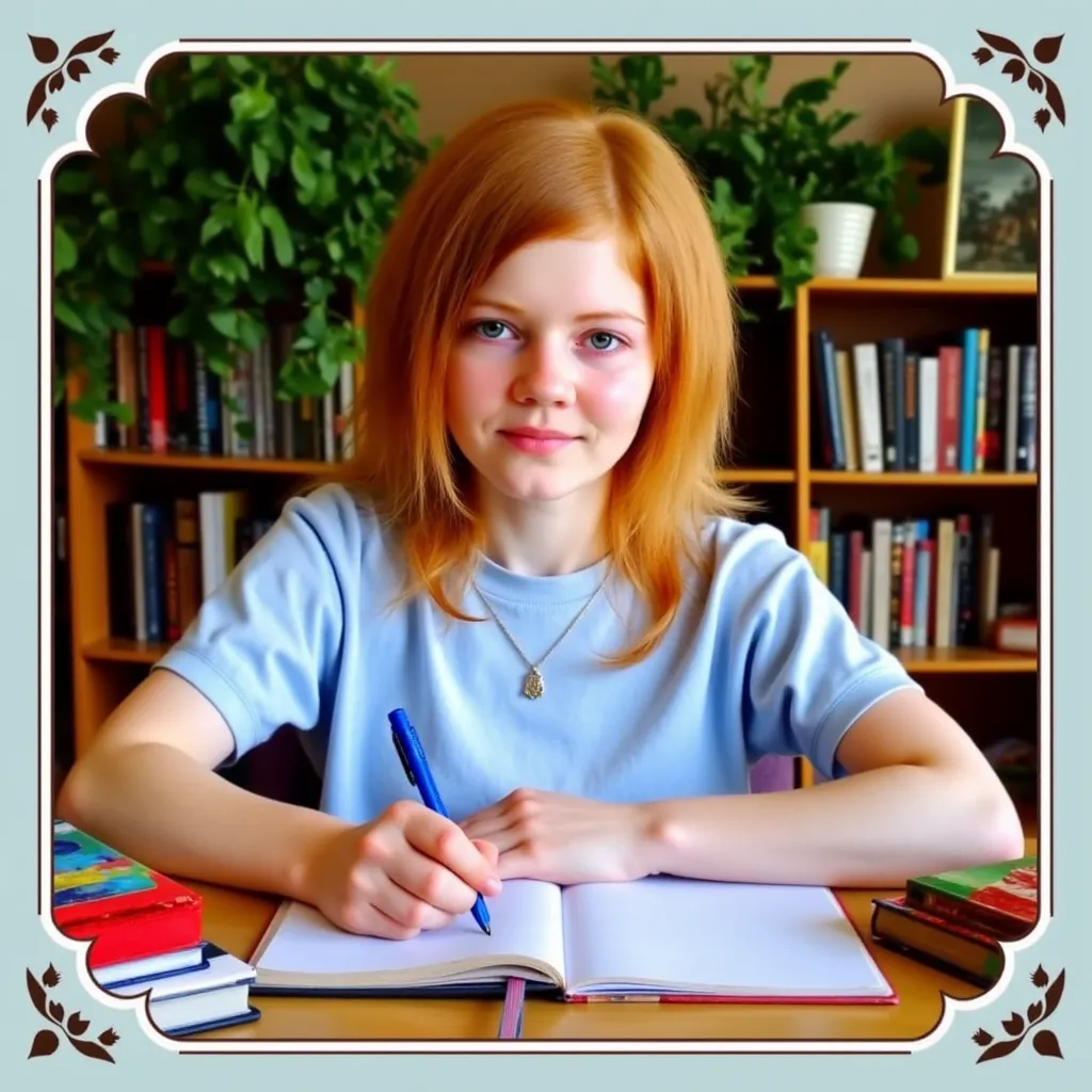 This photograph captures a child girl lilya_zh, primary school kid, light red hair, wearing a light blue short-sleeved shirt, sitting at a wooden desk. She has pale skin, no make-up, looking at the viewer, shy, child facial structure, just finished primary school. childlike features with the early stages of growing up. The forehead and upper head look large and rounded compared to the smaller, shorter lower half of the face. The eyes appear large, round, and spaced wide apart, sitting above a small nose that often turns up slightly at the tip. The jawline is soft and rounded rather than sharp, with a small, gentle chin and smooth, soft cheekbones. Full cheeks, filled out by natural baby fat, hide the underlying bones and muscles to give the face a smooth, plump look. Her eyebrows sit high and arched, and the lips look naturally full and prominent.
She is writing in a notebook with a blue pen, her expression focused. On the desk, there are several books, including one with a colorful cover, and a red and green plaid pencil case. The background features green potted plants and a wooden bookshelf with various books and a framed picture. The image is bordered by a decorative, light blue frame with dark brown floral patterns. The overall atmosphere is educational and homely.
Yearbook.