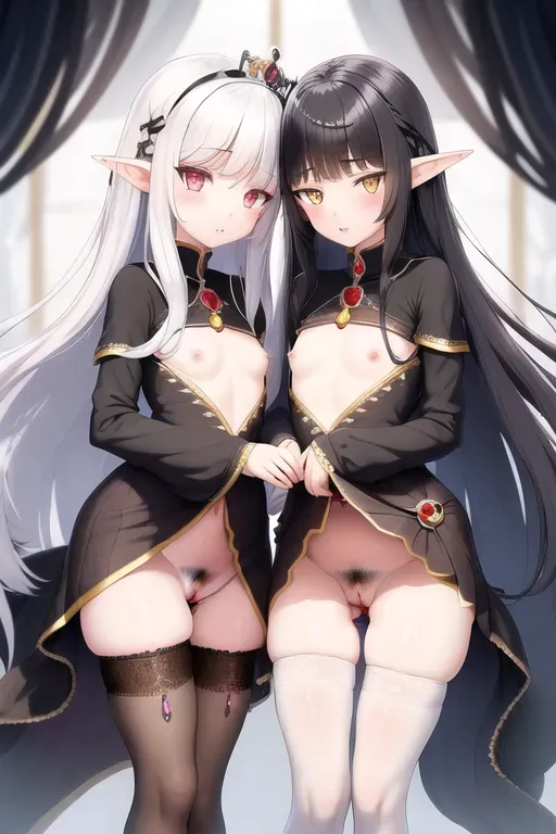 Two Beautiful nekos with long hair kissing, royalty crown, masterpiece, best quality, ((medium breasts)), detailed vagina, thigh gap, stockings, elven jewelry, detailed eyes, (small waist), (small hips), (((pubic hair))), black girl and a white girl