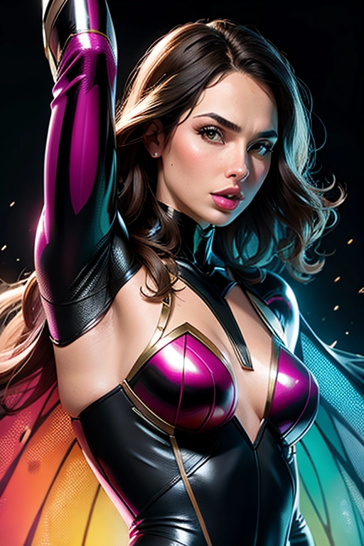 comic book realism style of, Beautiful, Fabulous Gal Gadot portrait, Bright, Sharp quality, liquid pen art style, Dynamic pose, Colorful, amazing shiny latex outfits, shape outlines, ((flat solid black background)), perfection, High resolution, Strong shape language, Midjourney, color pen style