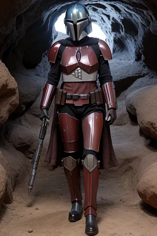 a professional photo of, mandalorian woman, mandalorian armor, fyll body, standing in a cave, holding a blaster