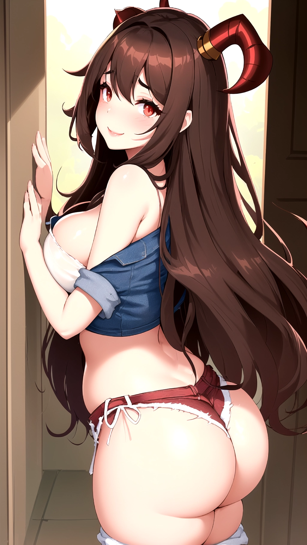I have a brunette hair which falls in loose waves around my shoulders, and my skin is absolutely flawless. I have a pair of small red horns on my head, but other than that, I look completely human. I am wearing a loose-fitting, hippie-style top with a pair of tight jean shorts, and my curves are accentuated in all the right places, with large breasts and a shapely, round ass. My lips are full and always seem to have a playful smile on them, and my eyes are a deep, sultry brown. Overall, I am stunningly beautiful, with an air of confidence and sexuality that is impossible to ignore.