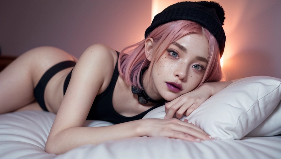 photo-realistic, 8k, accurate face, (((detailed face))),pink hair, freckles, black lipstick, wearing black beanie, collar, cute woman, 24 years old, small breasts, she is masturbating
she is extremely horny, heterochromia,
location is bedroom with purple lighting, movie posters on wall, messy bed,
perfect quality, uhd, masterpiece, masterwork, perfect lighting, professional photography, volumetric lighting, soft light, 8k resolution,