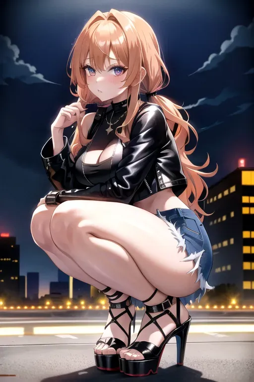 full body, strawberry blonde hair, hazel eyes, short girl, denim miniskirt, black high heels, looking at viewer, long hair, pale skin, silver necklace, black crop top, 24 years old, giant breasts, cute face, pov, wavy hair, city environment, Oklahoma City, wide eyes, erotic, skirt tug, leather jacket, nighttime, black backpack, slim body, low pigtails, squatting